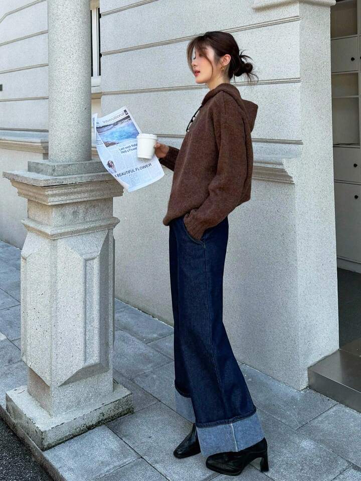 CM-BS937508 Women Casual Seoul Style Dark Wash Fleece Cuff Mid Waist Straight Leg Loose Jeans