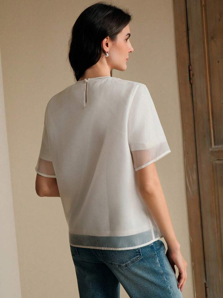 CM-TS677019 Women Elegant Seoul Style Round Neck Short Sleeve Pearl Handmade Double-Layer T-Shirt - White