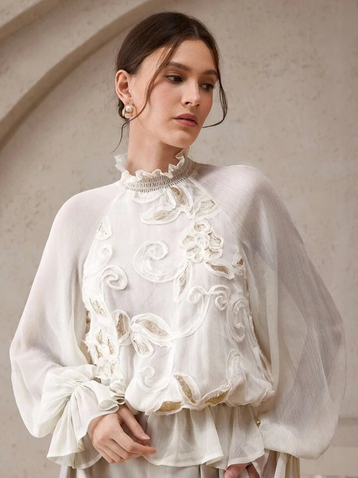 CM-TS233759 Women Trendy Bohemian Style Stand Collar Raglan Sleeve Sequin Decor Loose Fit Blouse - White