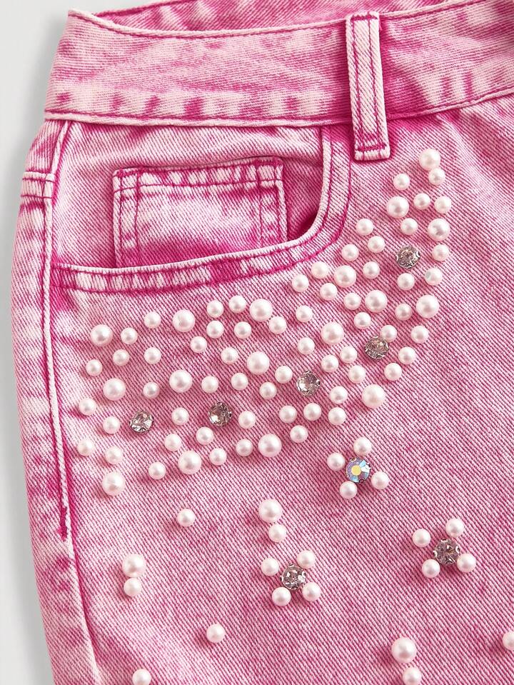 CM-BS416742 Women Casual Seoul Style Pearl Decor Pocket Wide Leg Loose Fit Jeans - Pink