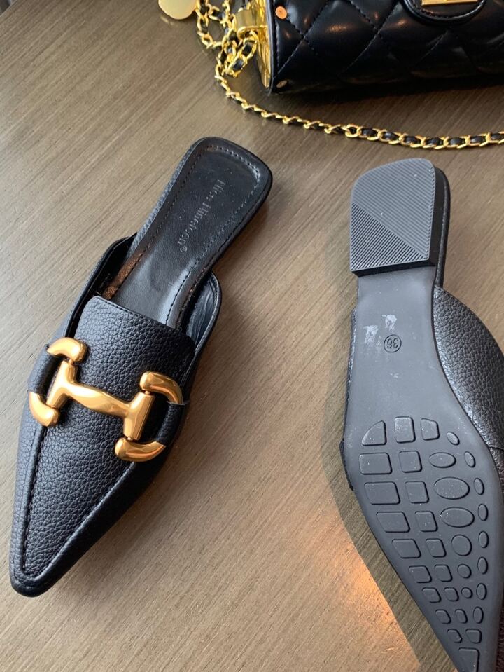 CM-SHS708759 Women Trendy Seoul Style Square Toe Metal Decor Flat Mules - Black