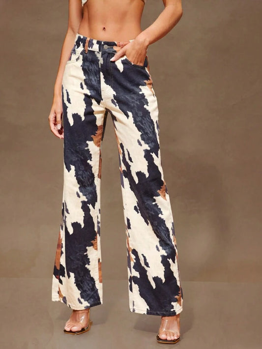 CM-BS851046 Women Casual Seoul Style Low Rise Baggy Printed Dual Pocket Straight Leg Loose Denim Jeans