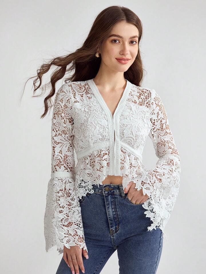 CM-TS566079 Women Elegant Seoul Style Solid Color V-Neck Hollow Out Long Sleeve Top - White
