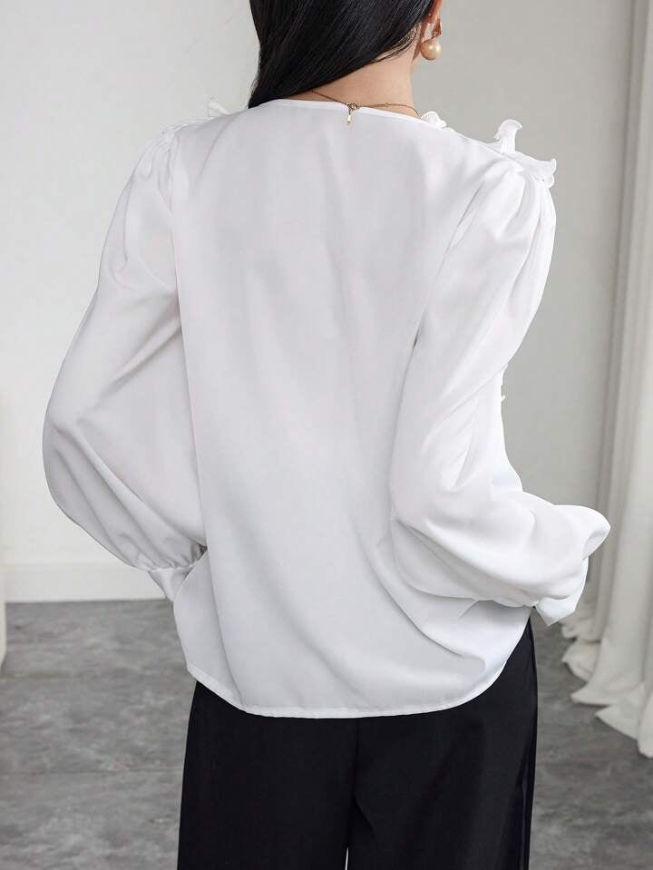 CM-TS600109 Women Elegant Seoul Style V-Neck Loose Fit Long Sleeve Frill Trim Blouse - White