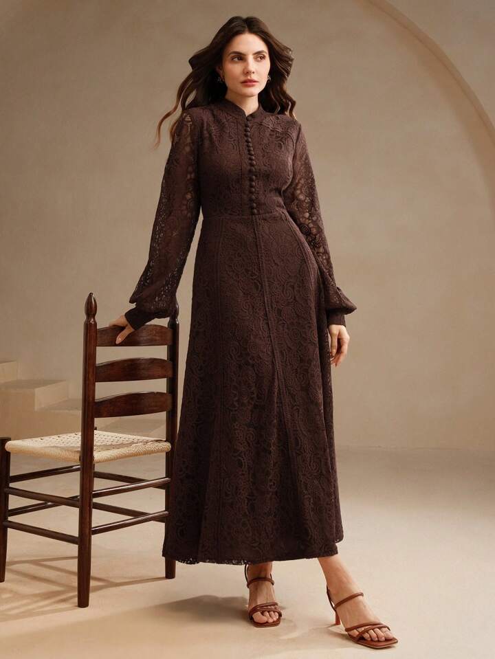 CM-DS200661 Women Elegant Seoul Style Lace Mandarin Collar Long Sleeve A-Line Dress - Brown