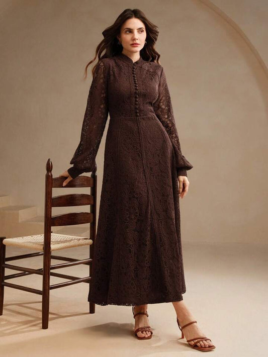 CM-DS200661 Women Elegant Seoul Style Lace Mandarin Collar Long Sleeve A-Line Dress - Brown