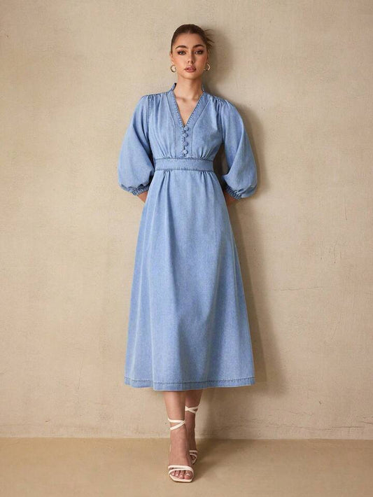 CM-DS367700 Women Elegant Seoul Style Deep V-Neck Lantern Sleeve Midi Denim Dress - Blue