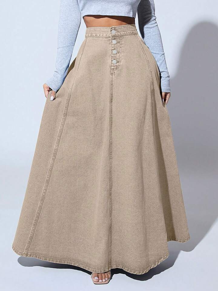 CM-BS789476 Women Casual Seoul Style High Waist Button Front Extra Long Denim Skirt - Apricot