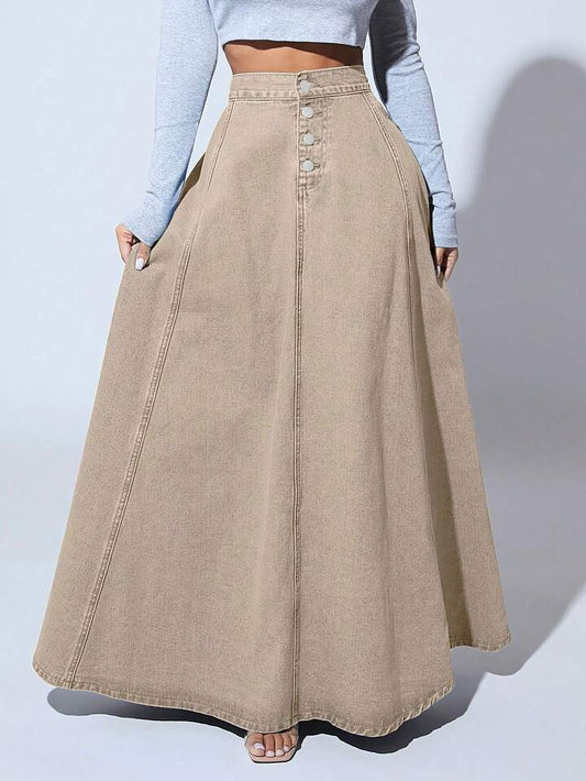 CM-BS789476 Women Casual Seoul Style High Waist Button Front Extra Long Denim Skirt - Apricot