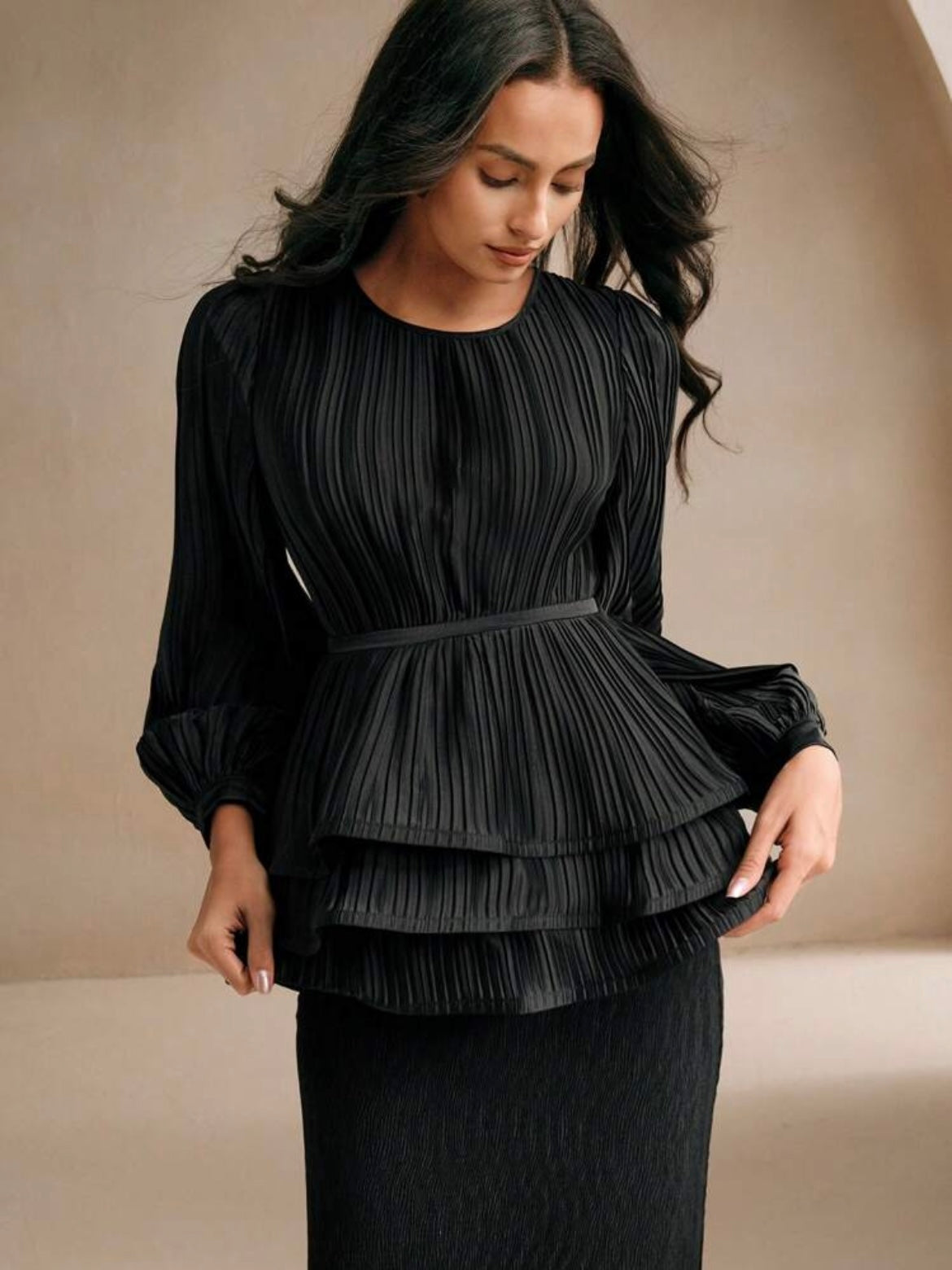 CM-TS222353 Women Elegant Seoul Style Round Neck Pleated Ruffle Hem Long Sleeve Blouse - Black