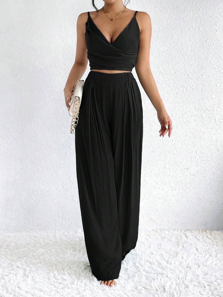 CM-SS843880 Women Casual Seoul Style Wrap Ruched Cami Top With Fold Pleated Wide Leg Pants - Set