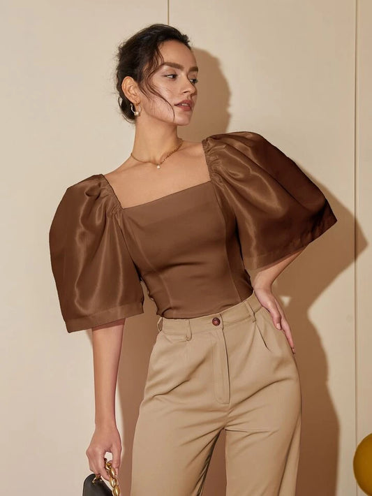 CM-TS715999 Women Elegant Seoul Style Puff Sleeve Square Neck Blouse - Coffee Brown