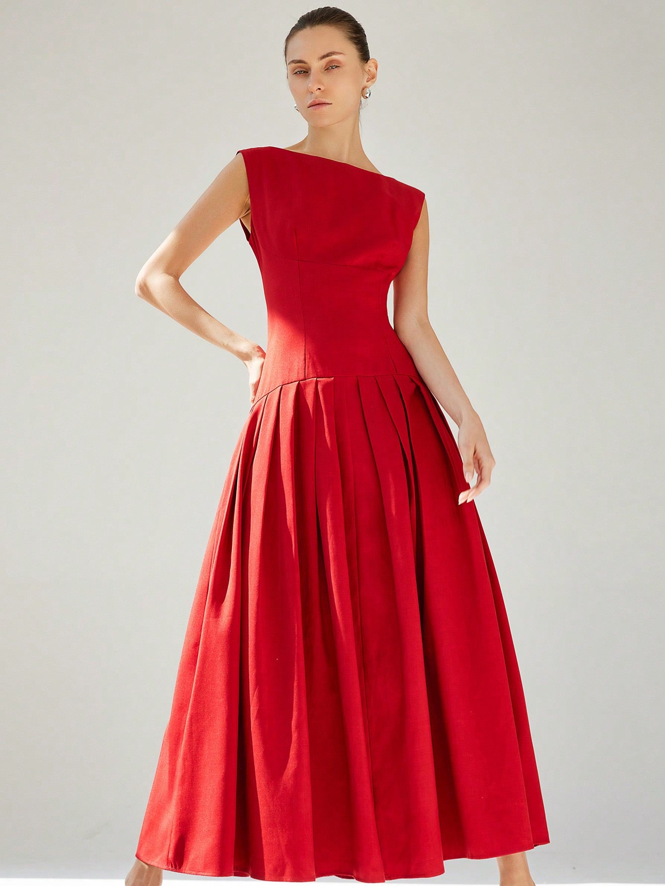 CM-DS552576 Women Elegant Seoul Style Boat Neck Sleeveless Ruched Low-Waist Ruffled Hem Maxi Dress - Red