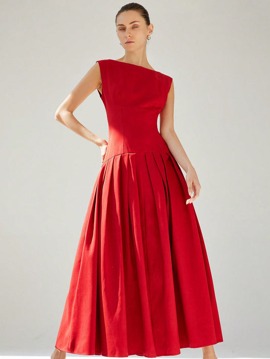 CM-DS552576 Women Elegant Seoul Style Boat Neck Sleeveless Ruched Low-Waist Ruffled Hem Maxi Dress - Red