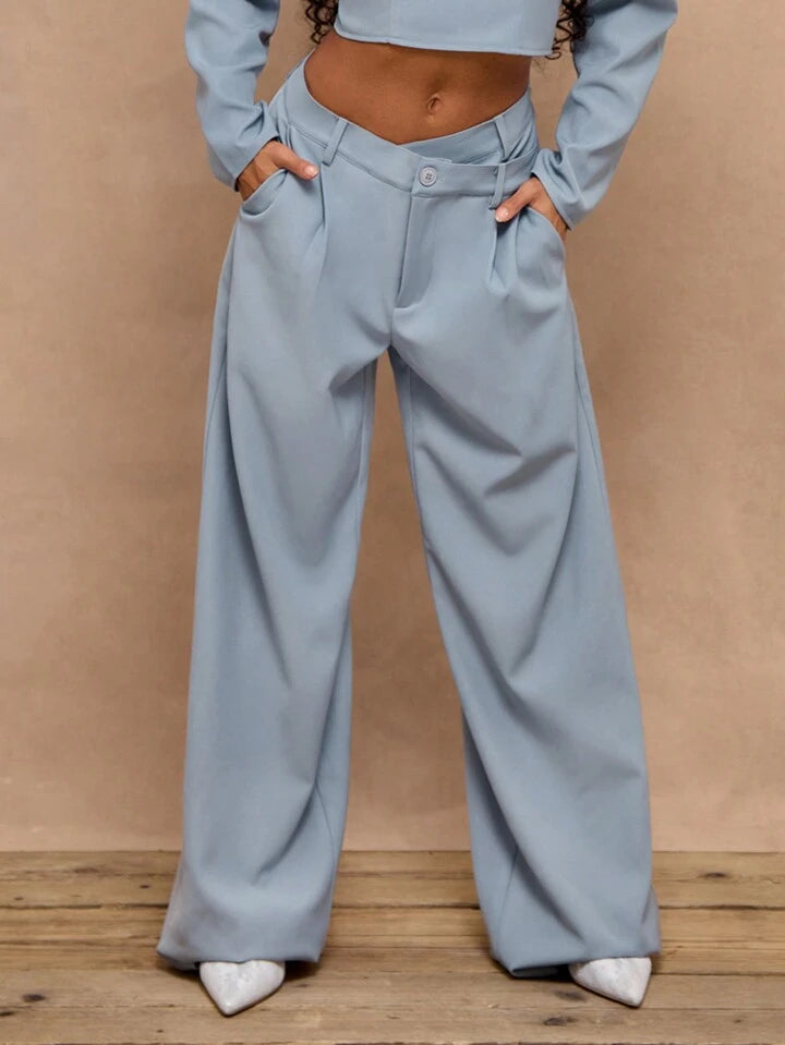 CM-BS159727 Women Casual Seoul Style Drop Waist Double Waisband Straight Leg Trousers