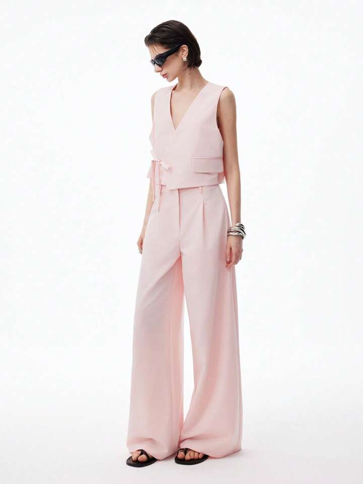 CM-SS262320 Women Casual Seoul Style V-Neck Sleeveless Tie-Waist Asymmetric Placket Vest With Wide-Leg Pants - Set