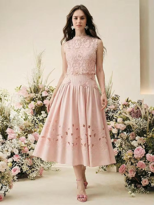 CM-DS194575 Women Elegant Seoul Style Stand Collar Sleeveless Floral Embroidered Lace Midi Dress - Pink