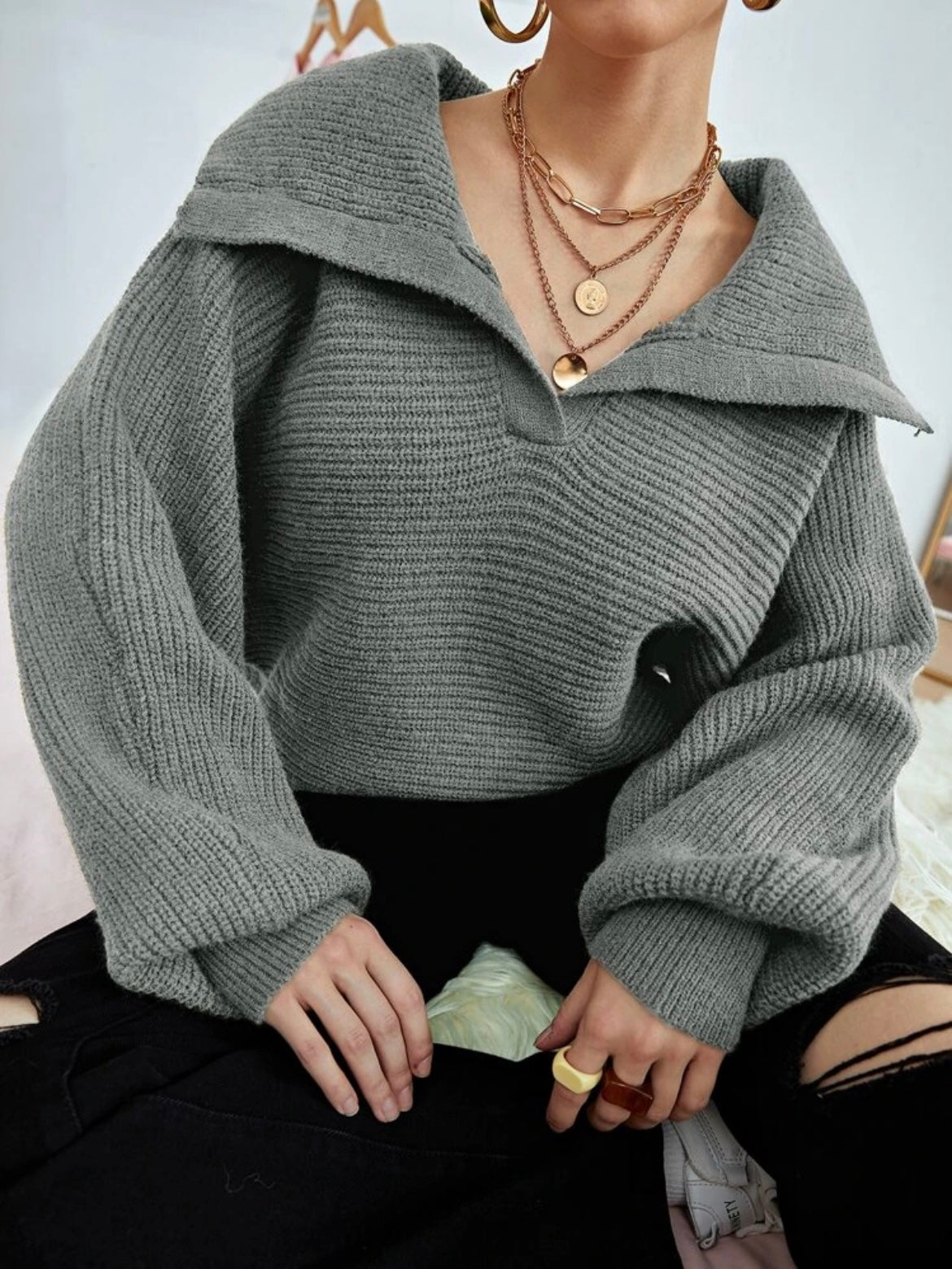 CM-CS902722 Women Casual Seoul Style Loose Fold Collared Bishop Sleeve Sweater - Gray