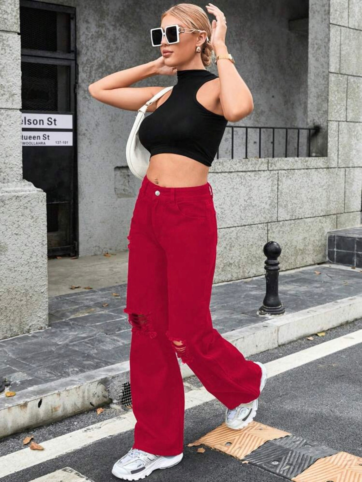 CM-BS161213 Women Casual Seoul Style High Waist Distressed Wide Leg Loose Denim Jeans - Red