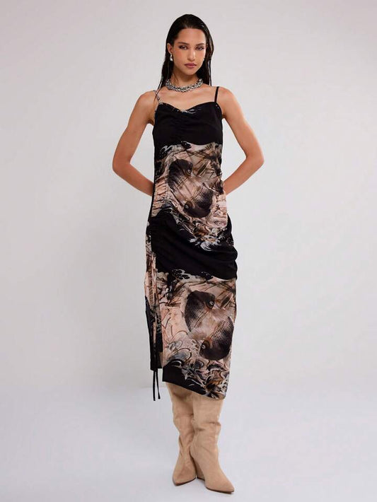CM-DS409556 Women Casual Seoul Style Mesh Ruched Strappy Sleeveless Midi Dress