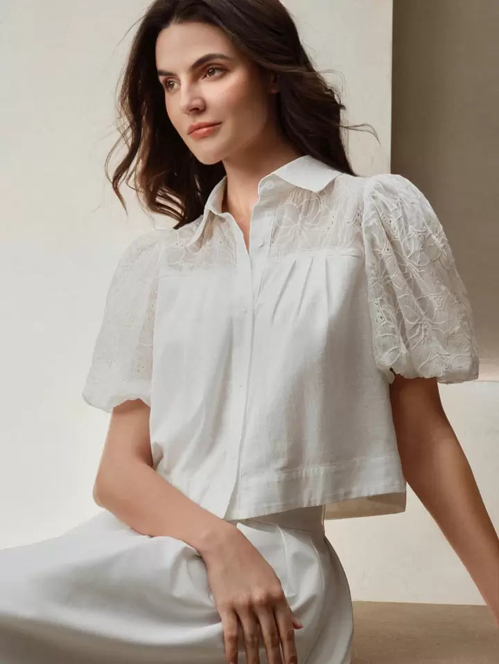 CM-TS548821 Women Casual Seoul Style Lace Patchwork Collar Neckline Puff Sleeve Blouse - White