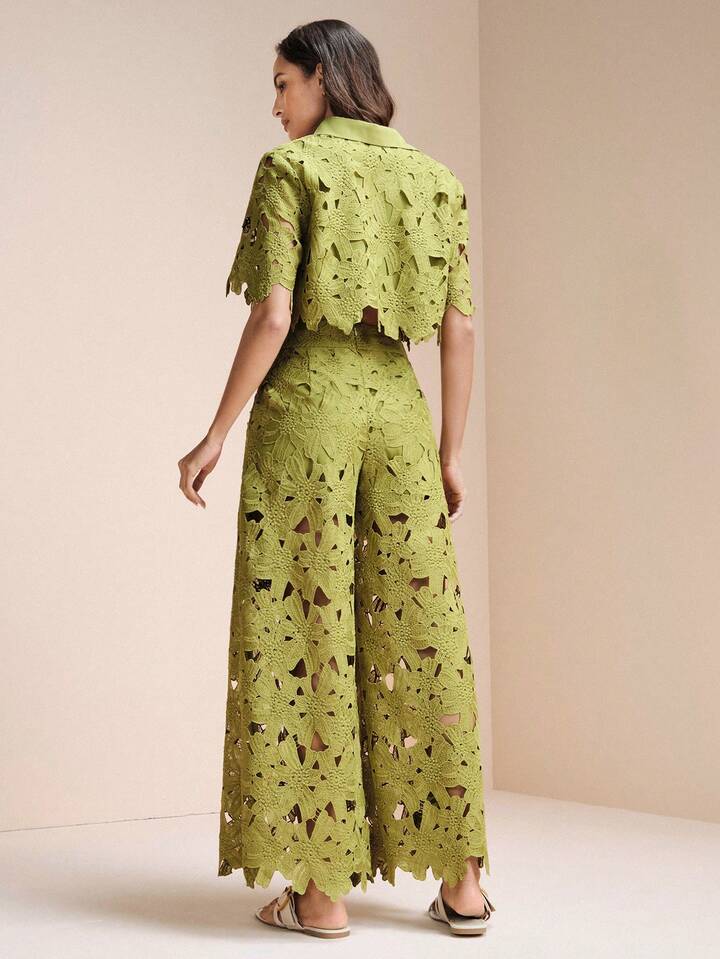 CM-SS474718 Women Trendy Bohemian Style Laser Cut Out Embroidered Short Sleeve Crop Top With Wide Leg Pants - Set