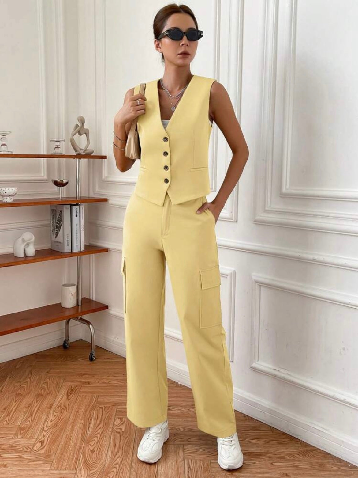 CM-SS796920 Women Elegant Seoul Style V-Neck Sleeveless Vest With Pocket Design Pants - Yellow