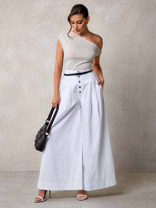 CM-BS102202 Women Casual Seoul Style Solid Color High-Waist Button Decoration Wide-Leg Pants - White