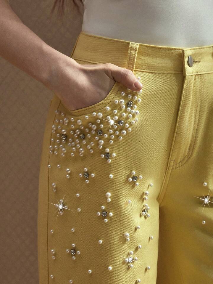 CM-BS414711 Women Casual Seoul Style Pearl Decor Pocket Wide Leg Loose Fit Jeans - Yellow