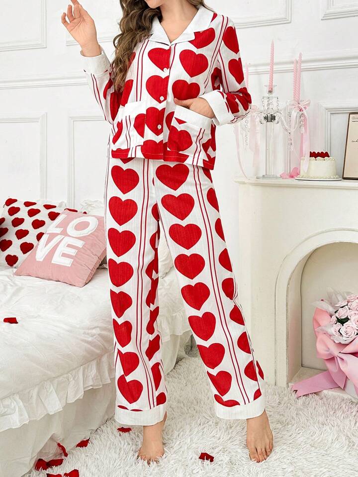 CM-LS406663 Women Trendy Seoul Style Heart Print Contrast Color Lapel Pocket Long Sleeve Pajamas Set