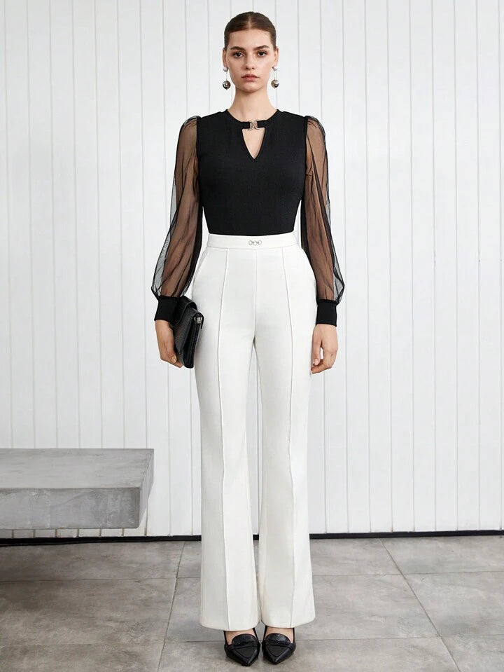 CM-TS157594 Women Elegant Seoul Style Keyhole Neckline Mesh Splicing Long Sleeve Top - Black