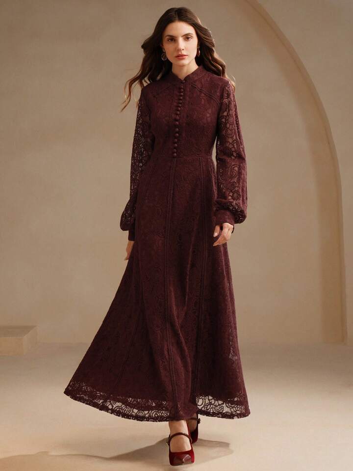 CM-DS163124 Women Elegant Seoul Style Lace Mandarin Collar Long Sleeve A-Line Dress - Burgundy