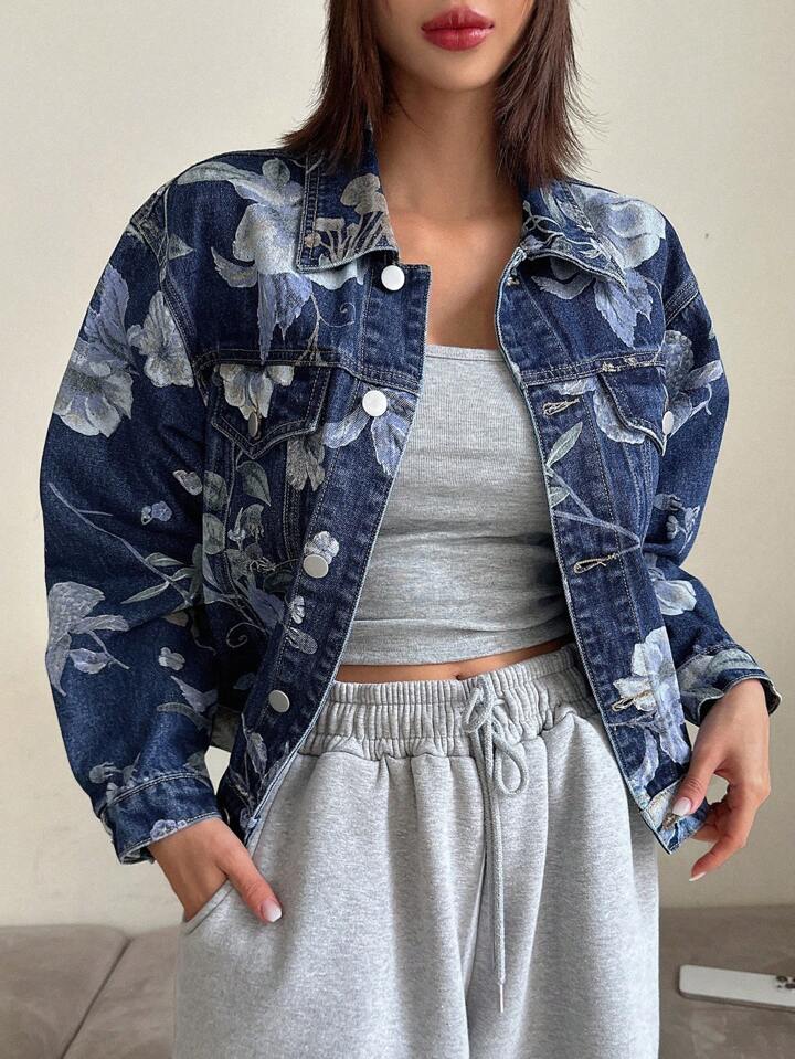 CM-CS547400 Women Casual Seoul Style Medium Wash Floral Printed Single Breasted Long Sleeve Denim Jacket