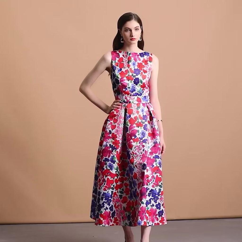 CM-DY054100 Women Elegant European Style Floral Print Round Neck Sleeveless High Waist Mid-Length Dress