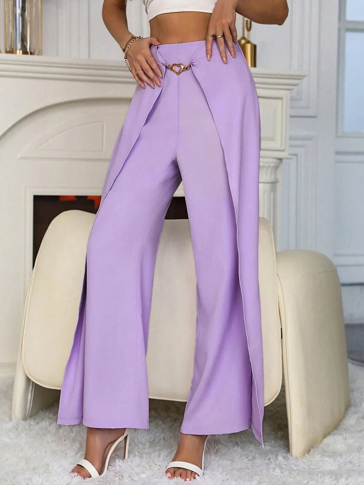 CM-BS866349 Women Casual Seoul Style Heart Shaped Ring Decor Wide Leg Pants - Purple