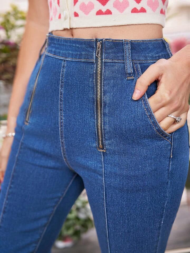 CM-BS147178 Women Casual Seoul Style High Waist Double Zipper Design Jeans - Blue