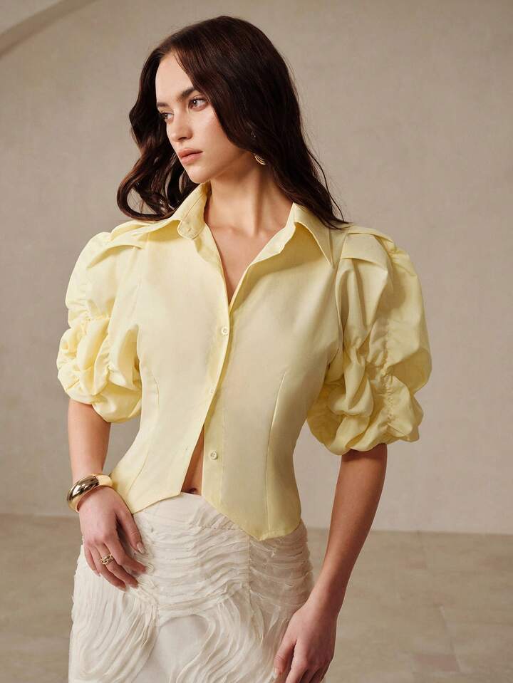 CM-TS143944 Women Elegant Seoul Style Lapel Collar Puff Sleeve Shirred Waist Cinched Short Asymmetrical Hem Blouse