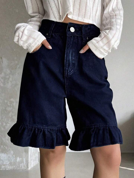 CM-BS239229 Women Casual Seoul Style Dark Wash Ruffle Trim Straight Leg Denim Shorts