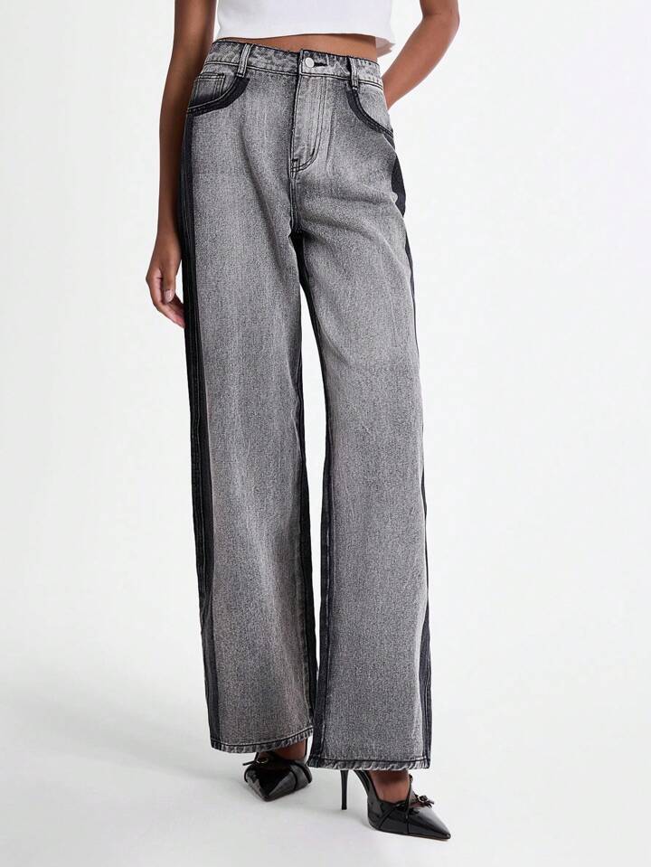 CM-BS901788 Women Casual Seoul Style Color-Block High Waist Patchwork Flared Leg Jeans - Black
