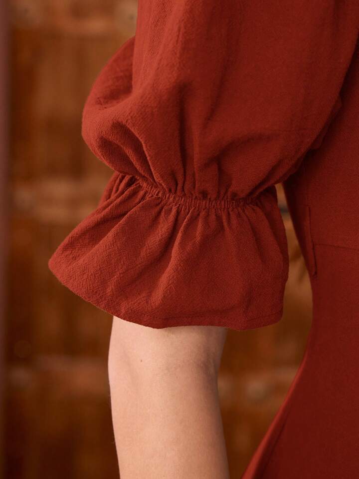 CM-DS822167 Women Casual Seoul Style Solid Color Pleated Square Neck Dress - Redwood