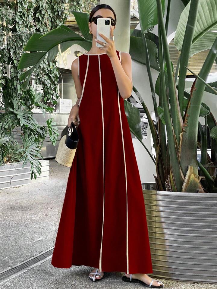CM-DS320827 Women Casual Seoul Style Color-Conflicting Panels Sleeveless Loose Long Dress - Burgundy