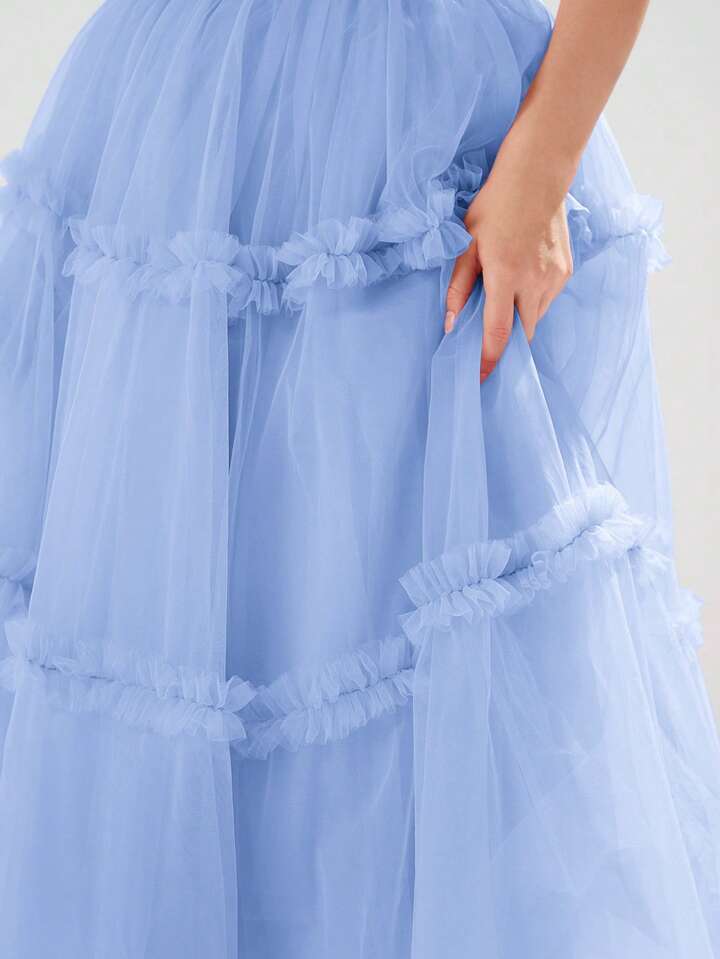 CM-DS515994 Women Elegant Seoul Style Sweet Heart Neck Flounce Sleeve Ruched Mesh Dress - Baby Blue