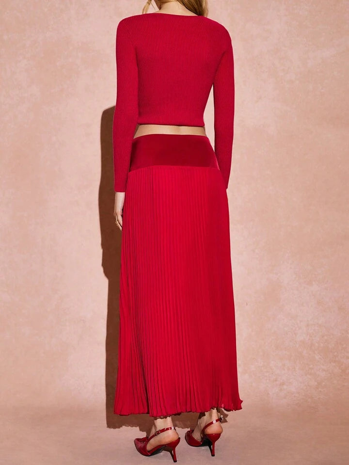 CM-BS418853 Women Elegant Seoul Style Plain Pleated A-Line Maxi Skirt - Burgundy