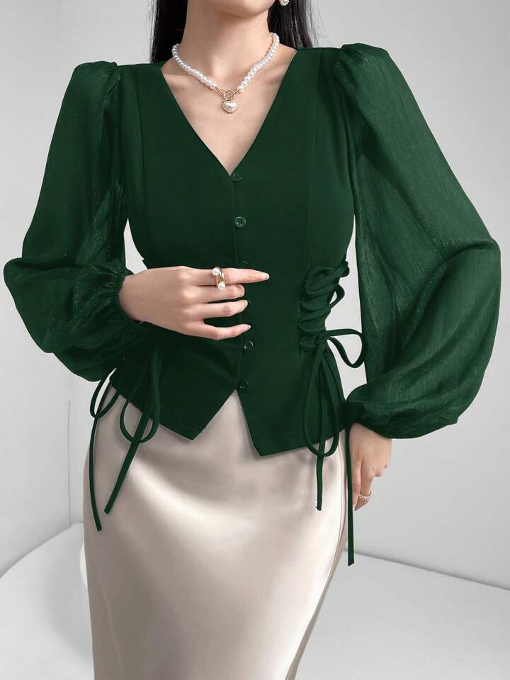 CM-TS801224 Women Elegant Seoul Style Sheer V-Neck Puff Lantern Sleeves Lace-Up Detail Blouse - Dark Green