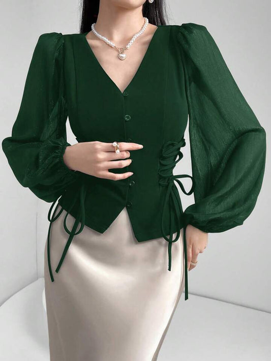 CM-TS801224 Women Elegant Seoul Style Sheer V-Neck Puff Lantern Sleeves Lace-Up Detail Blouse - Dark Green