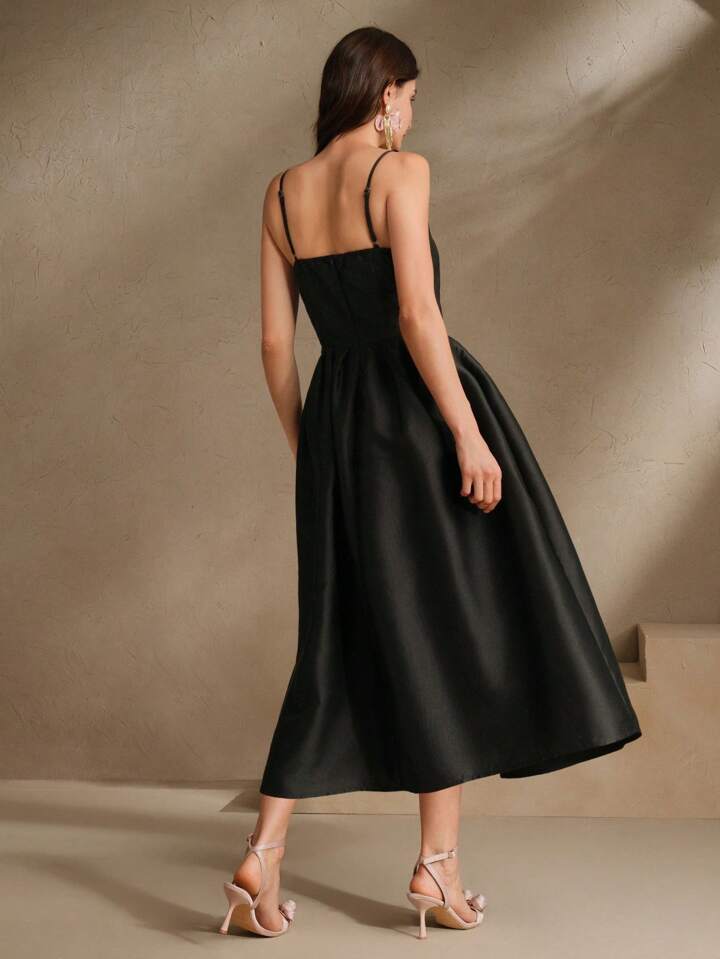 CM-DS086002 Women Elegant Seoul Style Sequin Floral Decor Sleeveless High Waist Long Dress - Black