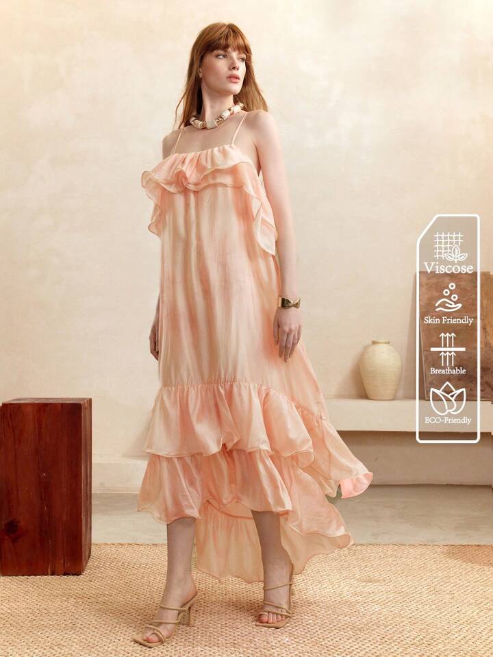 CM-DS766988 Women Trendy Bohemian Styel Oganza Tie-Dye Ombre Off-The-Shoulder Ruffle Hem Camisole Maxi Dress