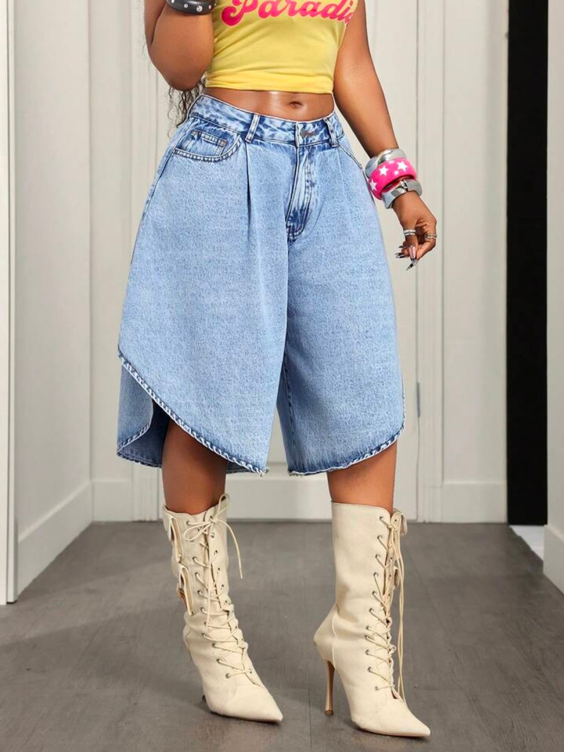CM-BS362252 Women Casual Seoul Style Mid Waist Loose Fit Wide Leg Denim Shorts - Blue