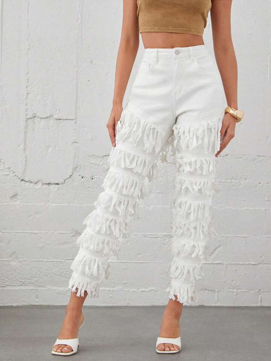 CM-BS137330 Women Casual Seoul Style High Waist Layered Fringe Trim Stretch Denim Jeans - White