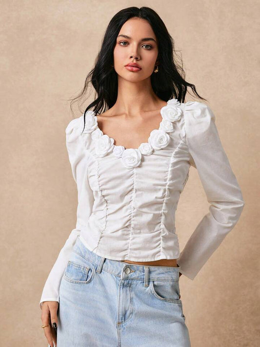 CM-TS222103 Women Casual Seoul Style V-Neck 3D Floral Decor Long Sleeve Shirt - White
